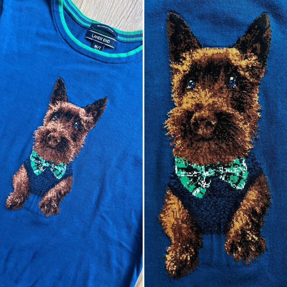 Lands’ End Yorkie Dog Sweater with Bow Tie — Preppy Novelty Women’s M/T (10–12)